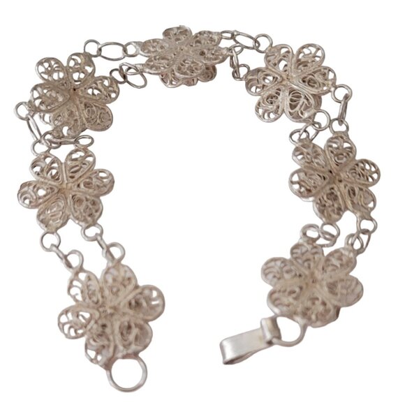 800 Spun Silver Flower Link Chain Bracelet, 8" Long E686 - Picture 6 of 8